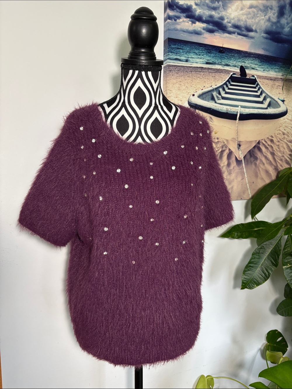 GREIGE luxury Short-Sleeve Beaded Fuzzy Sweater - Plum GORGEOUS